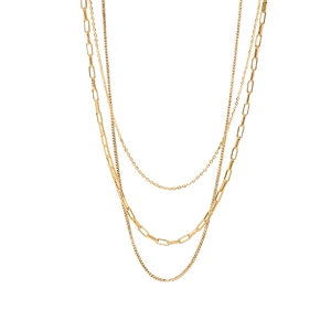 Three-layer 18K gold plated stainless steel necklace featuring various chain links