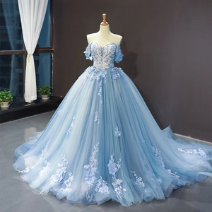 Off Shoulder Sky Blue Wedding Dress Tulle 3D Flower Applique Lace Embroidery Elegant Princess Bridal Evening Party Gown