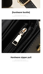 Detailed macro view showing premium gold hardware clasps and zipper on black leather bag
