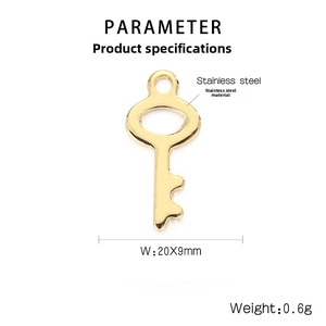 Detail view of 20x9mm gold stainless steel key pendant with precise product dimensions