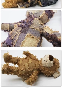 Detail of patchwork teddy bear toy showing denim textures and raw edge stitching effects