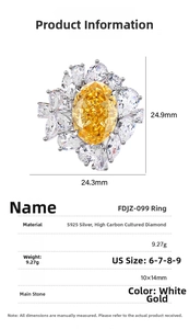 Detailed spec sheet of S925 silver ring with 10x14mm yellow carbon diamond cluster