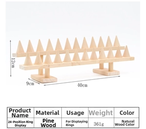 Espositore per anelli a doppio strato in legno di pino con 24 coni, 40x9x12cm