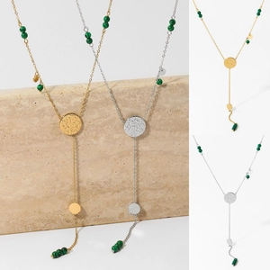 Stainless Steel Y Lariat Necklace With Malachite Style Green Beads And Hammered Metal Disc Long Sweater Chain For Women