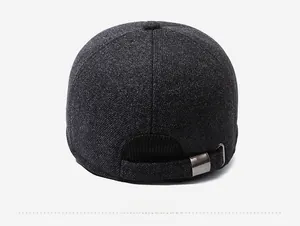 Rear view of thick wool blend baseball cap with metal buckle and ribbed edge detail