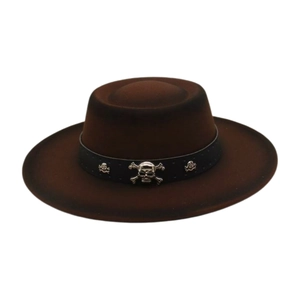 Vintage Fedora Hat Wool Felt Wide Brim Jazz Cap With Metal Skull Faux Leather Band Punk Gothic Western Style For Men Women
