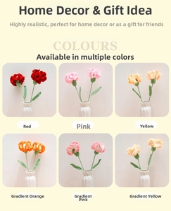 Six colors of handmade crochet carnations in white vases for warm home decoration