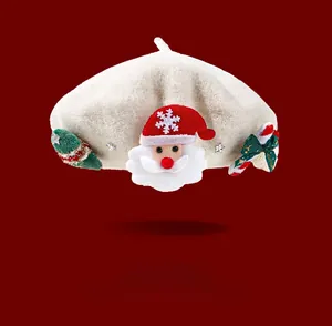 Detailed view of white wool beret with cute Santa and Christmas tree decorations