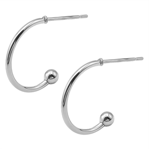 Detailed macro view of silver 304 stainless steel C-shaped stud earrings with polished beads