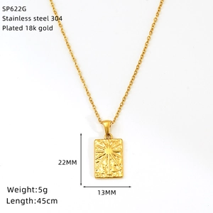 Detailed specs of 18k gold plated stainless steel sun pendant with size and weight info