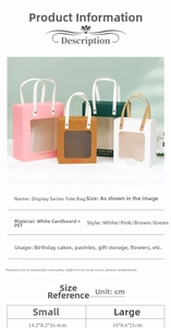 Size guide table for window gift bags made of premium cardstock and PET material