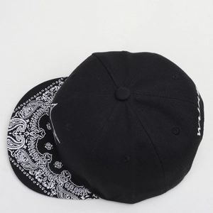 Detail of embroidered star baseball cap with paisley pattern flat brim and side script