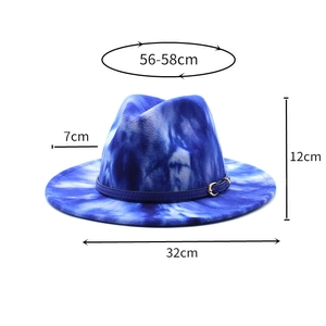 Blue tie-dye fedora hat measurements showing 56-58cm brim and 7cm width on white background