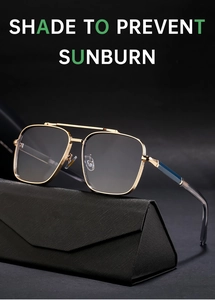 Detail of gold aviator sunglasses on black textured case with UV protection lenses
