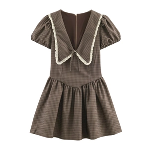 Women Plaid Mini Dress Retro Lace Peter Pan Collar Puff Short Sleeve A-Line Elegant Academy Style Zipper Back