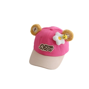 Casquette enfant rose et beige avec oreilles d'ours et application florale