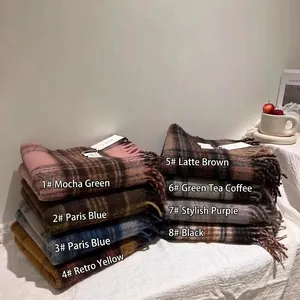 Thick vintage plaid scarf in multiple colors with tassels for warm winter styling