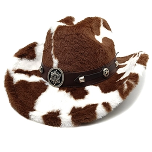 Cow Print Western Cowboy Hat Faux Fur Plush With Leather Belt Rivets Star Badge Wide Brim Party Streetwear Novelty