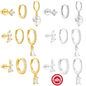 925 Sterling Silver Hoop Earrings Zircon Artificial Pearl Jewelry For Women Elegant Fashion Geometric Lightweight Luxury Accessories