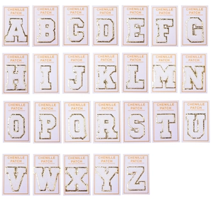 White chenille adhesive alphabet patch set with gold glitter border and peel and stick back