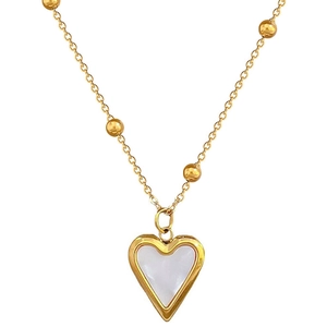 Minimalist gold titanium steel necklace with a heart pendant and white shell inlay on white