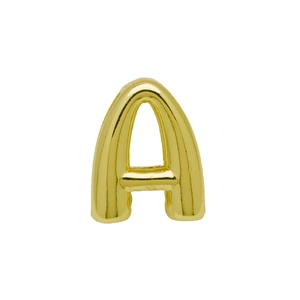 Detailed view of a 3D chubby bubble letter A pendant in polished gold plated metal