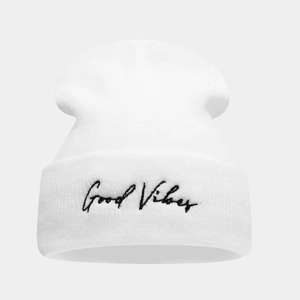 White ribbed knit beanie with black Good Vibes embroidery for a trendy retro look