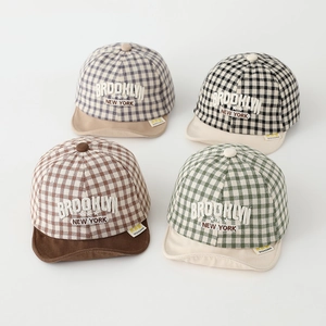 Kids Plaid Baseball Cap Cotton Blend Peaked Hat With Brooklyn Embroidery Breathable Sun Protection For Toddler Baby