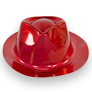 Glossy red metallic plastic party top hat with iconic fedora style for festive events