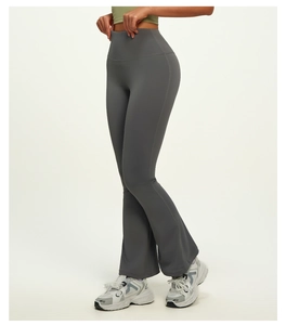 Detailed side-back view of dark grey high-waisted flared yoga pants with push-up effect