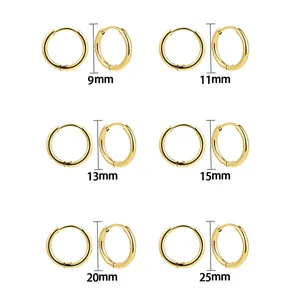 Detailed size chart showing hoop earring diameters from 9mm to 25mm in 18K gold stainless steel