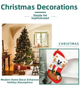 Christmas stocking with orange 3D cat holding Meow pot hanging in a festive room setup