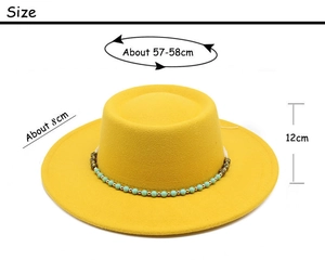 Detailed size guide for yellow wide brim boater hat with beaded turquoise band detail