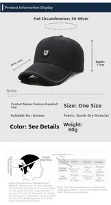 Size guide for R-letter quick-dry baseball cap with dimensions and head measurement tips
