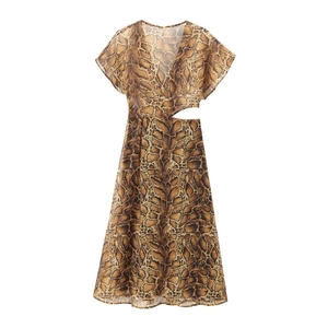 Women's brown snake print midi dress with deep V-neck and stylish waist cut-outs
