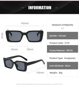 Size chart for 2176 retro square metal sunglasses with frame dimensions and specifications