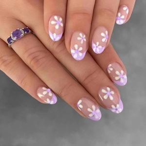 Oval Press On Nails French Tip Artificial Fake Nails With White Daisy Flower Patterns Taro Purple Sweet Style For Women