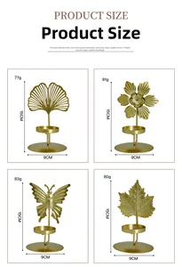 Size chart showing height and weight for four gold metal leaf and flower candle holders