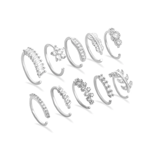 Rhinestone Nose Hoop Copper Leaf Flower Design Non Piercing Jewelry Silver Color For Women