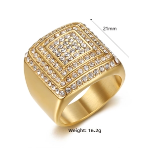 Detail view of gold-plated 21mm iced out square ring with 16.2g weight marking