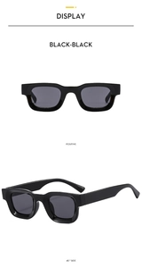 Front and 45-degree side views of black rectangle thick frame retro sunglasses