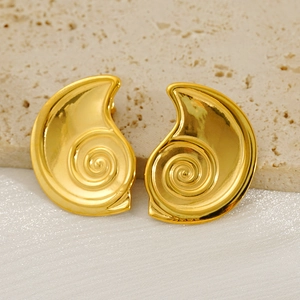 Polished 18K gold-plated stainless steel spiral shell earrings on a stone background