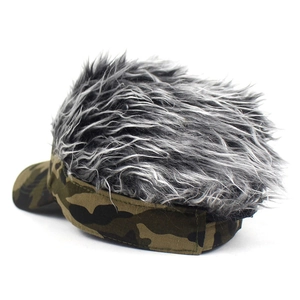 Detail shot of camouflage sun hat with realistic gray hair topper and outdoor style