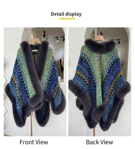 Front and back detail of a knitted poncho with colorful wave patterns and fur trim