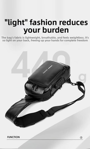 Close-up of black leather sling bag with secure combination lock and lightweight design