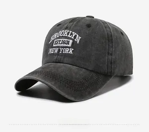 Detail of vintage washed cotton baseball cap featuring white Brooklyn embroidery