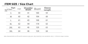 Detailed sizing chart for women's short faux fur jacket with chest and length measurements