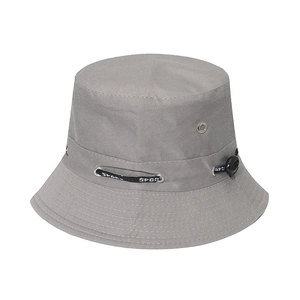 Detail of grey sun hat with breathable eyelets and SPORT printed adjustable drawstring