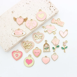 Pink and gold alloy enamel heart charms set for DIY jewelry making accessories