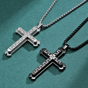Mens silver and black triple layer cross pendant necklaces with Greek fret pattern
